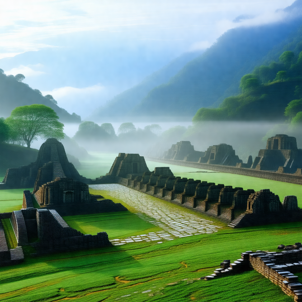 Lush green field with a large stone wall running through it