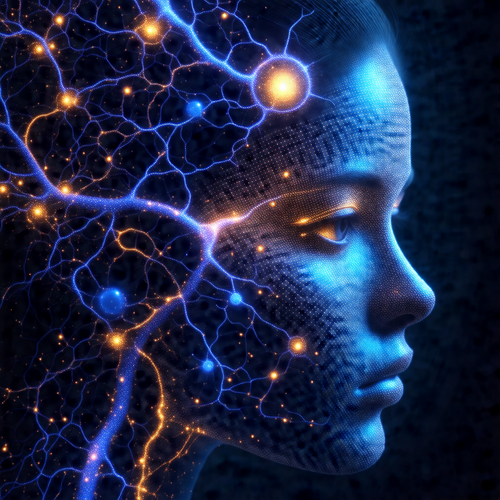 Close-up of a woman's face, with a blue and yellow light ...