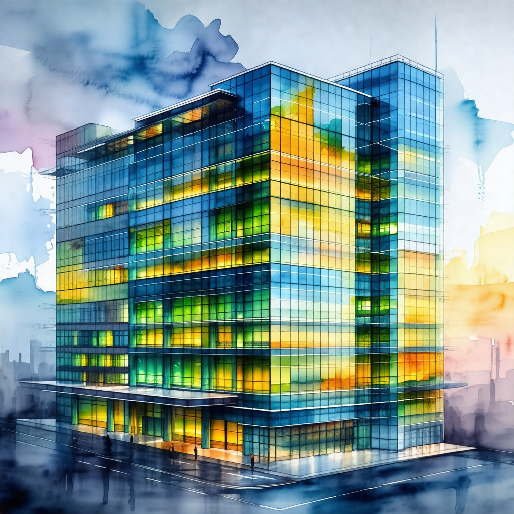 Painting of a large, multi-colored building with many win...