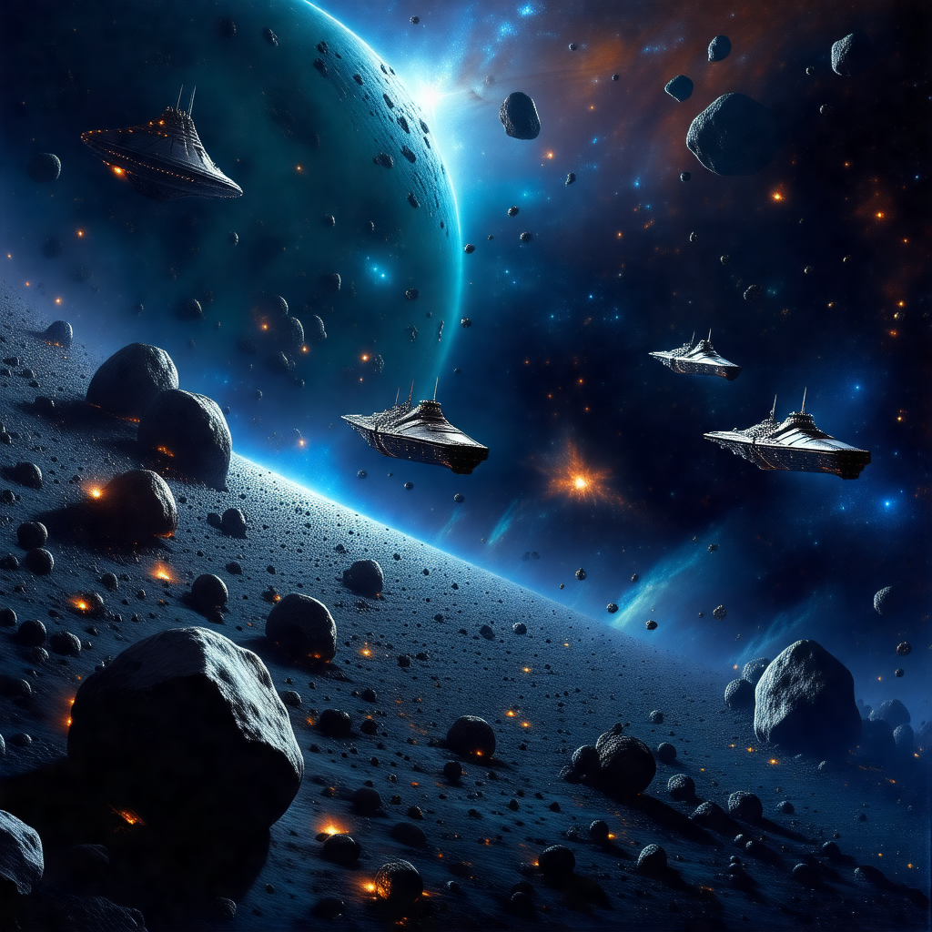 Group of spaceships flying through the night sky