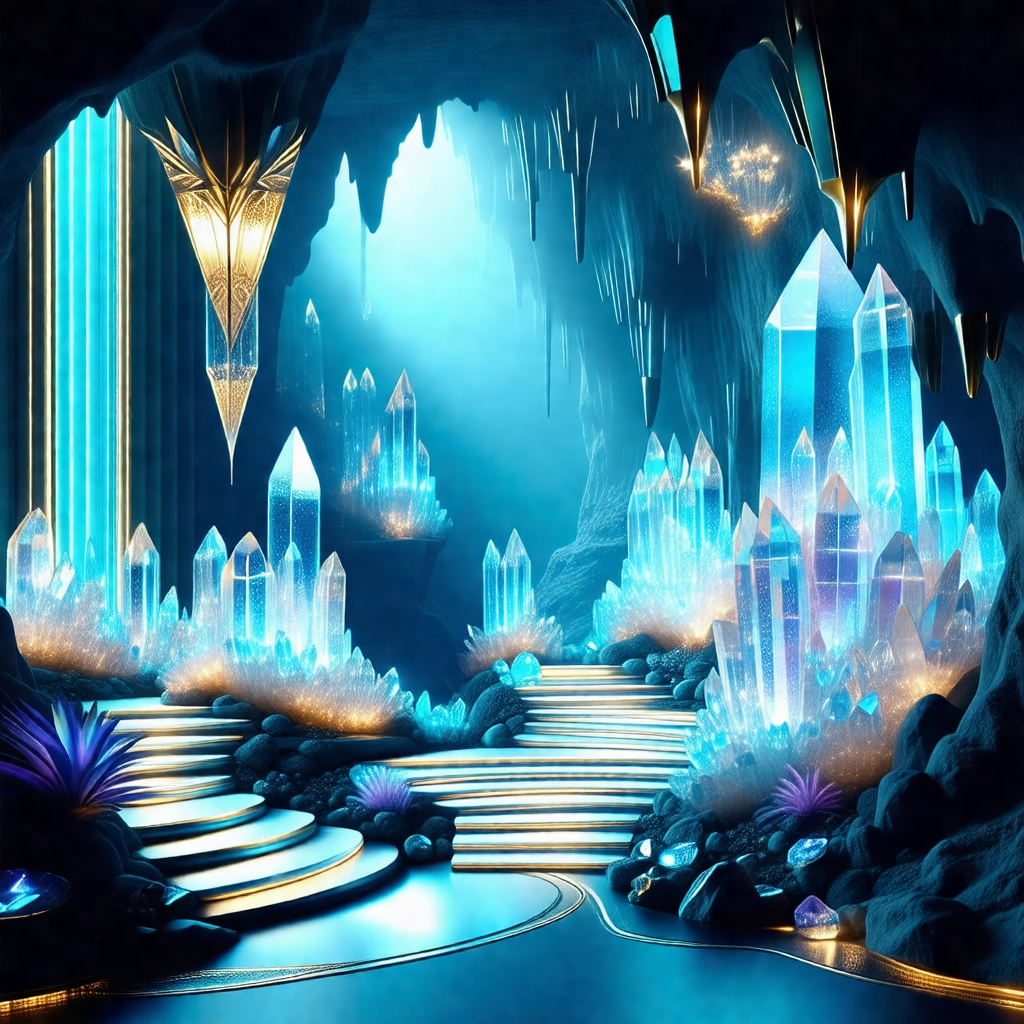3d digital artwork of a cave with a blue lighting effect