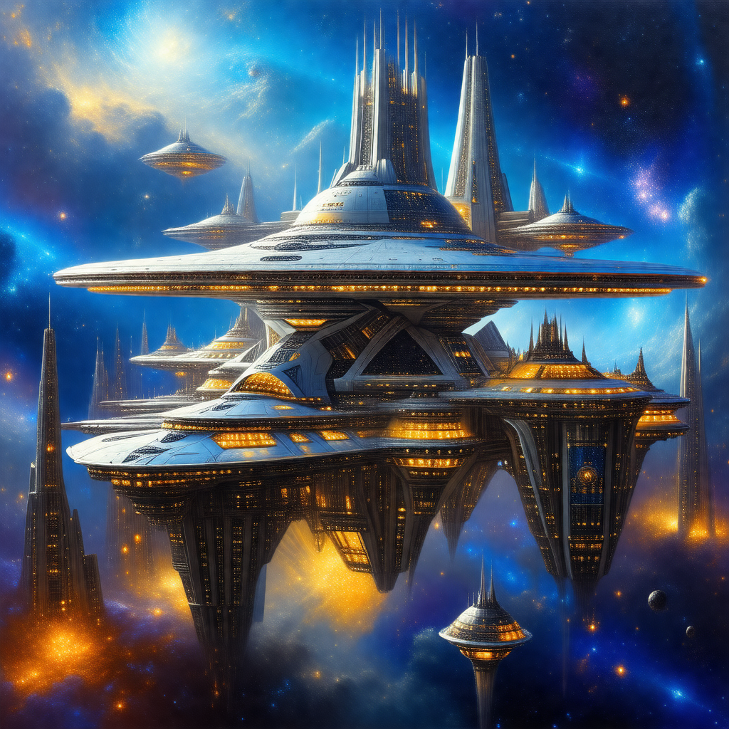 Futuristic painting of a large, sprawling city with a var...