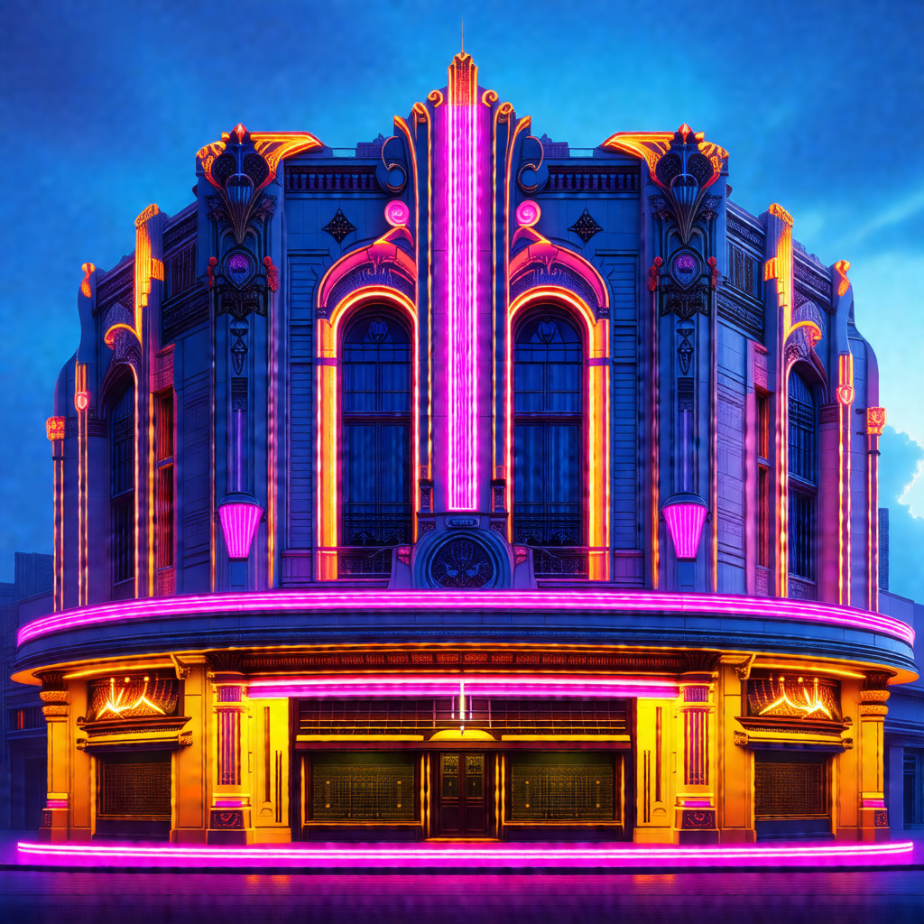 Large, ornate building with a pink and yellow neon sign