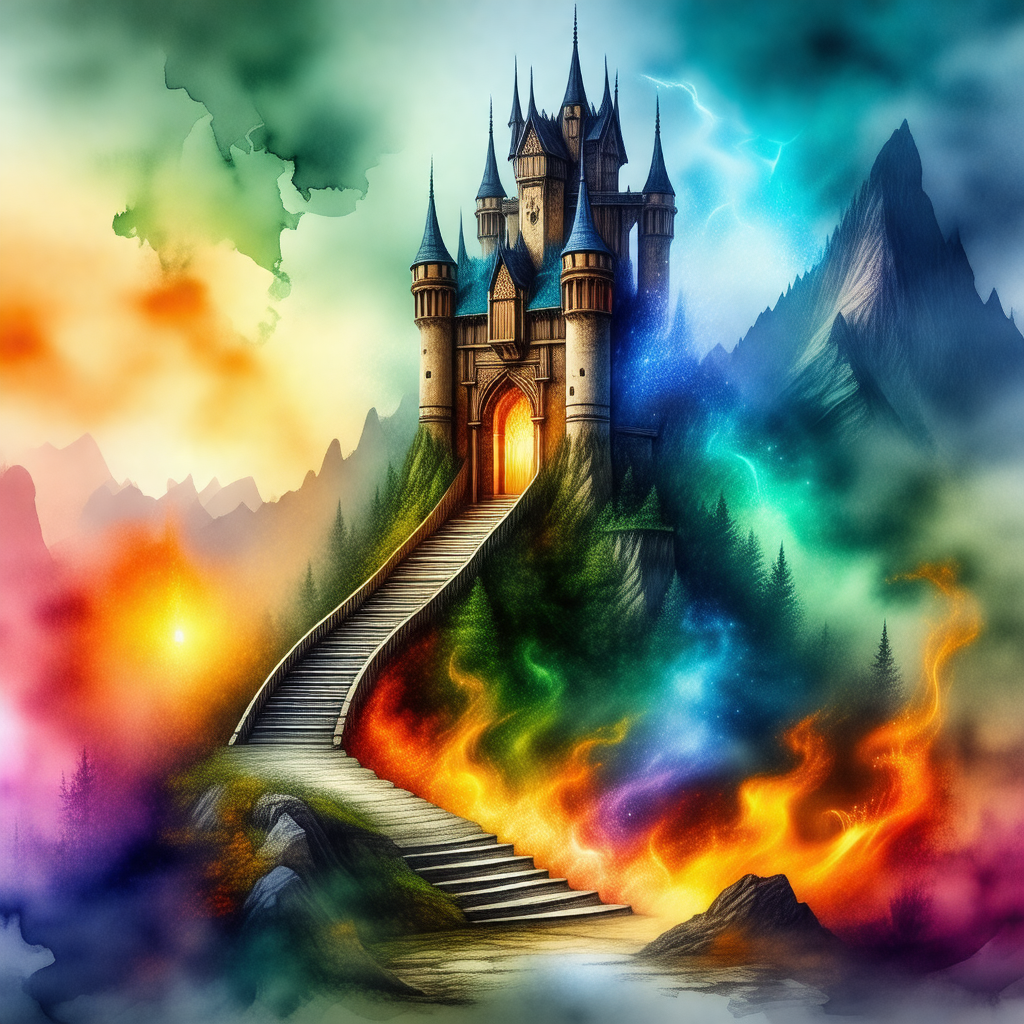 Colorful painting of a castle, with a staircase leading u...