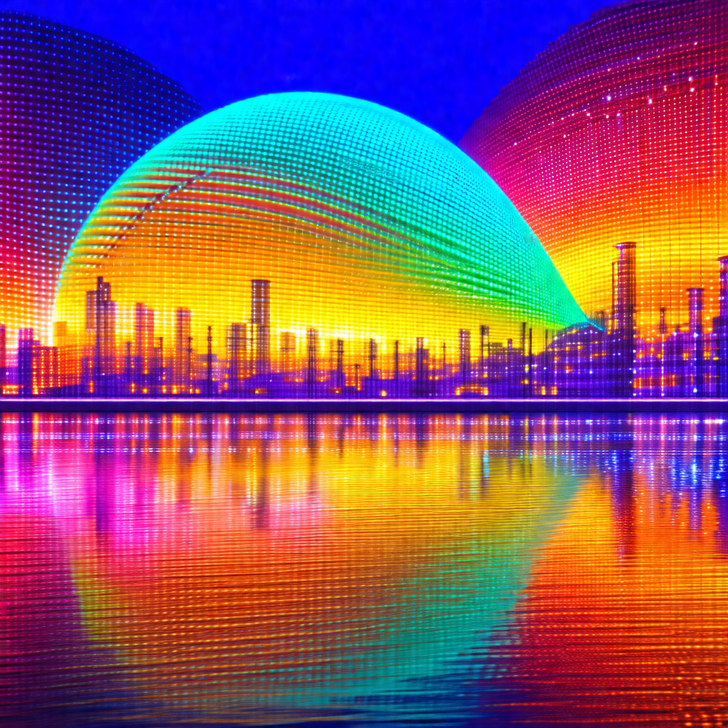Cityscape with a large, colorful dome in the foreground
