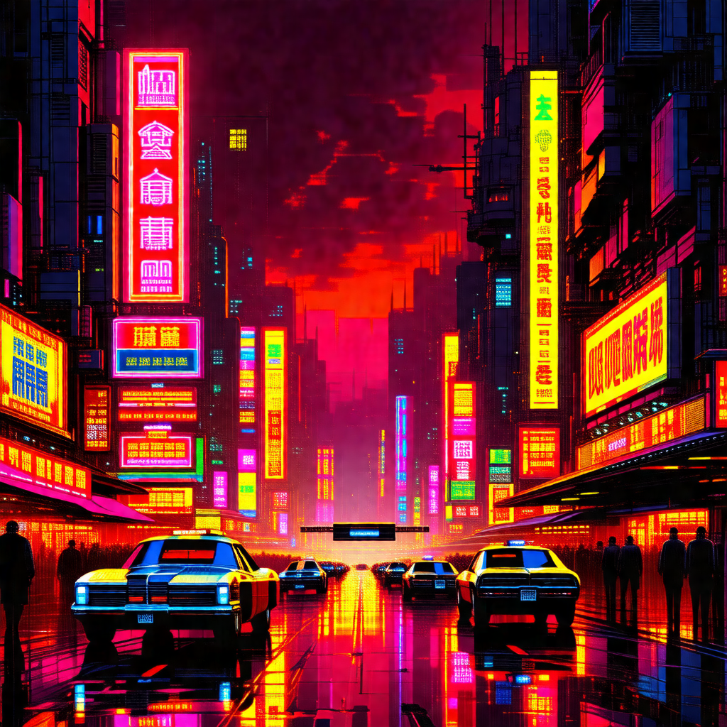 Colorful and vibrant painting of a city street at night