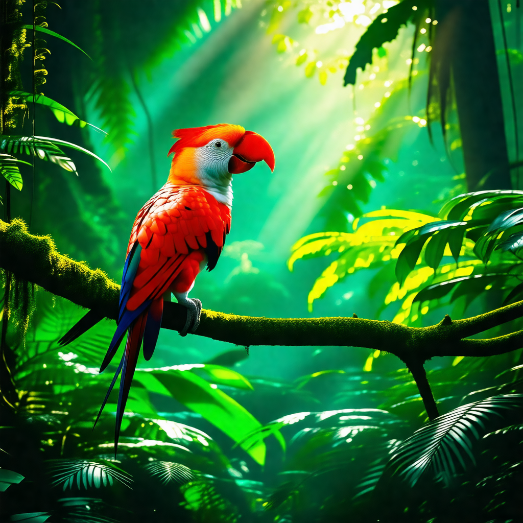 Colorful parrot perched on a tree branch in a lush green ...