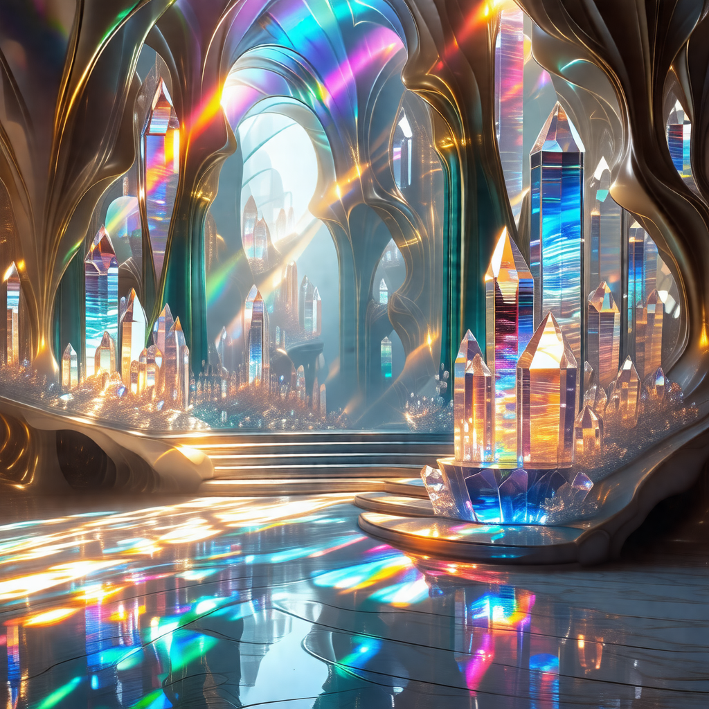 Futuristic city with a large, colorful crystal palace