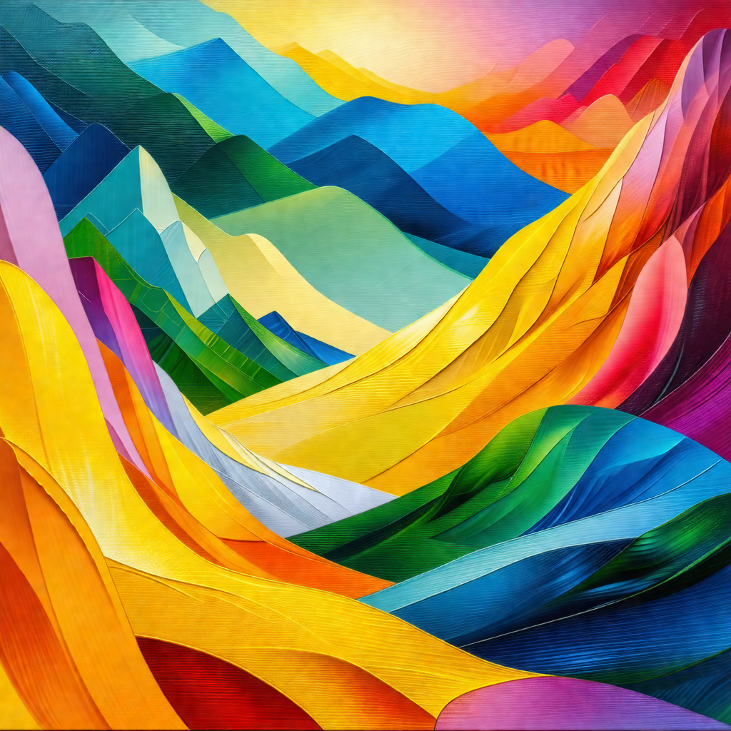 Vibrant painting of a mountainous landscape