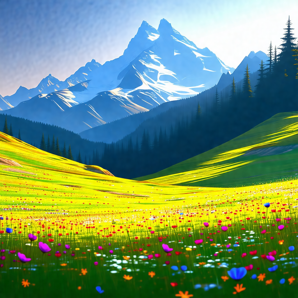 Beautiful, lush green field with a mountain range in the ...