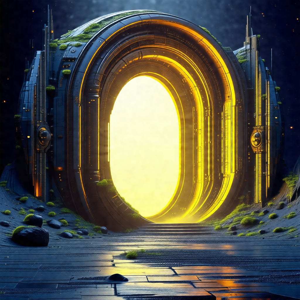 Futuristic, circular structure with a large, open door