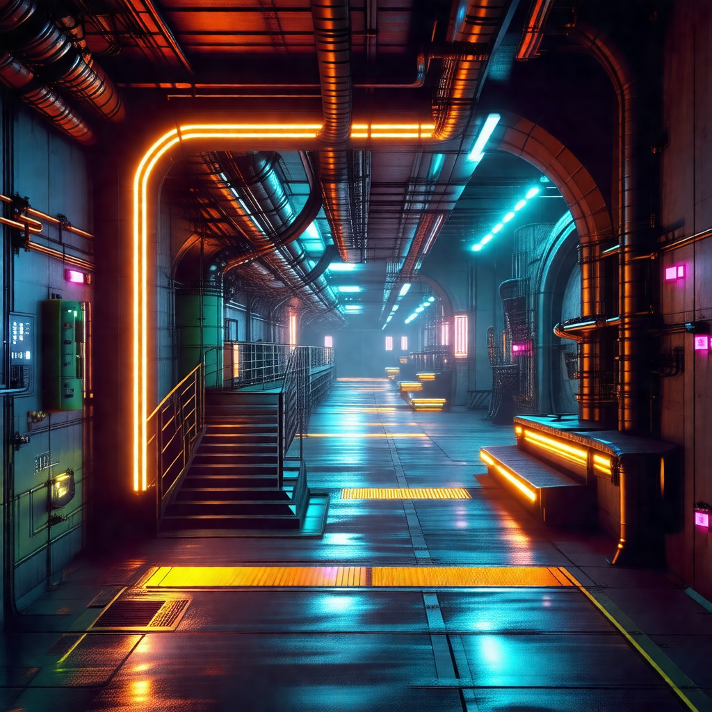 Futuristic, blue-lit hallway with a long, narrow walkway