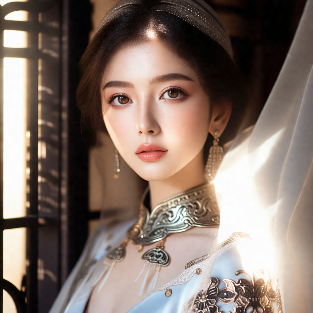 Beautiful young woman wearing a blue dress and a gold nec...