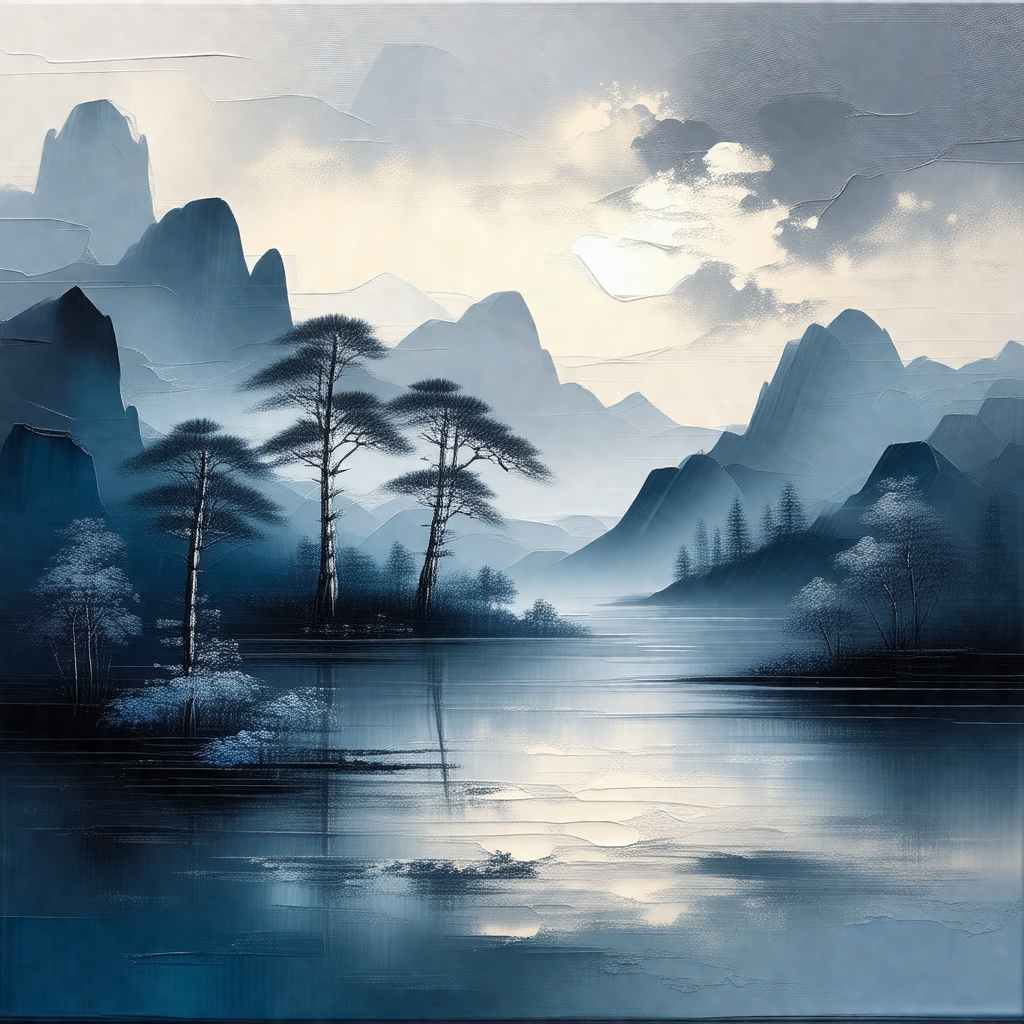 Serene scene of a lake surrounded by mountains