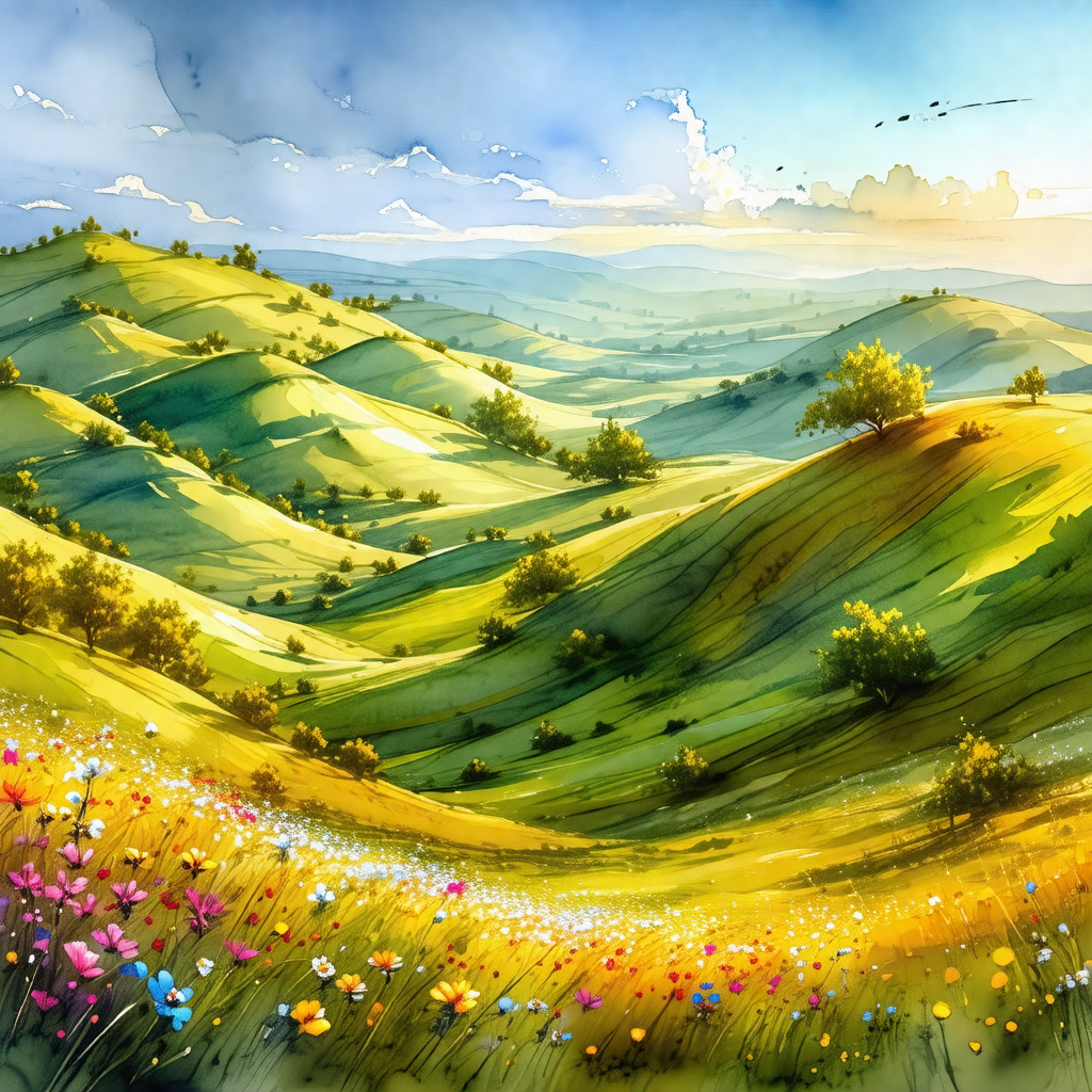 Beautiful, lush green hillside with a mountainous landscape