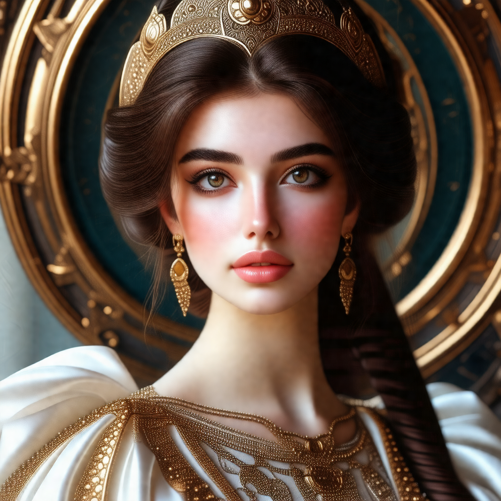 Woman with long, dark hair, wearing a gold crown and a wh...