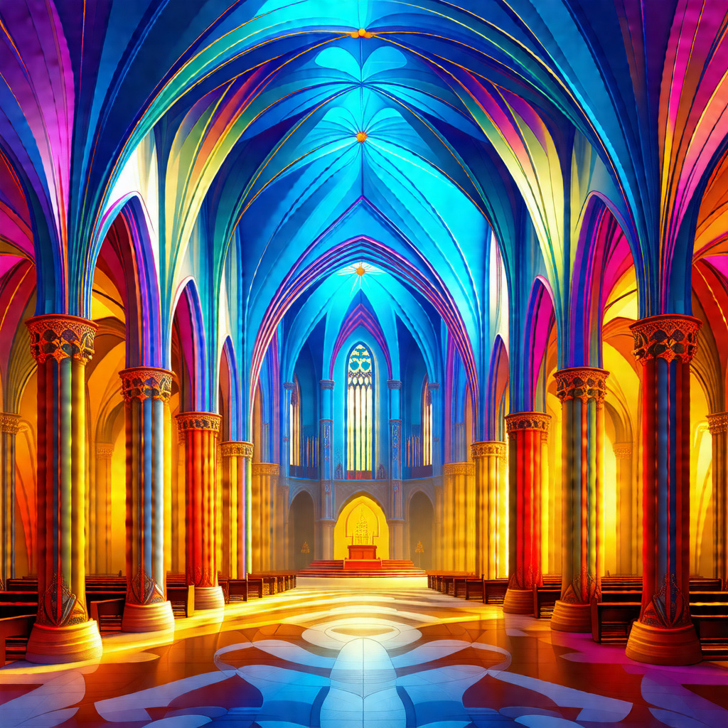 Colorful, computer-generated drawing of a large cathedral...