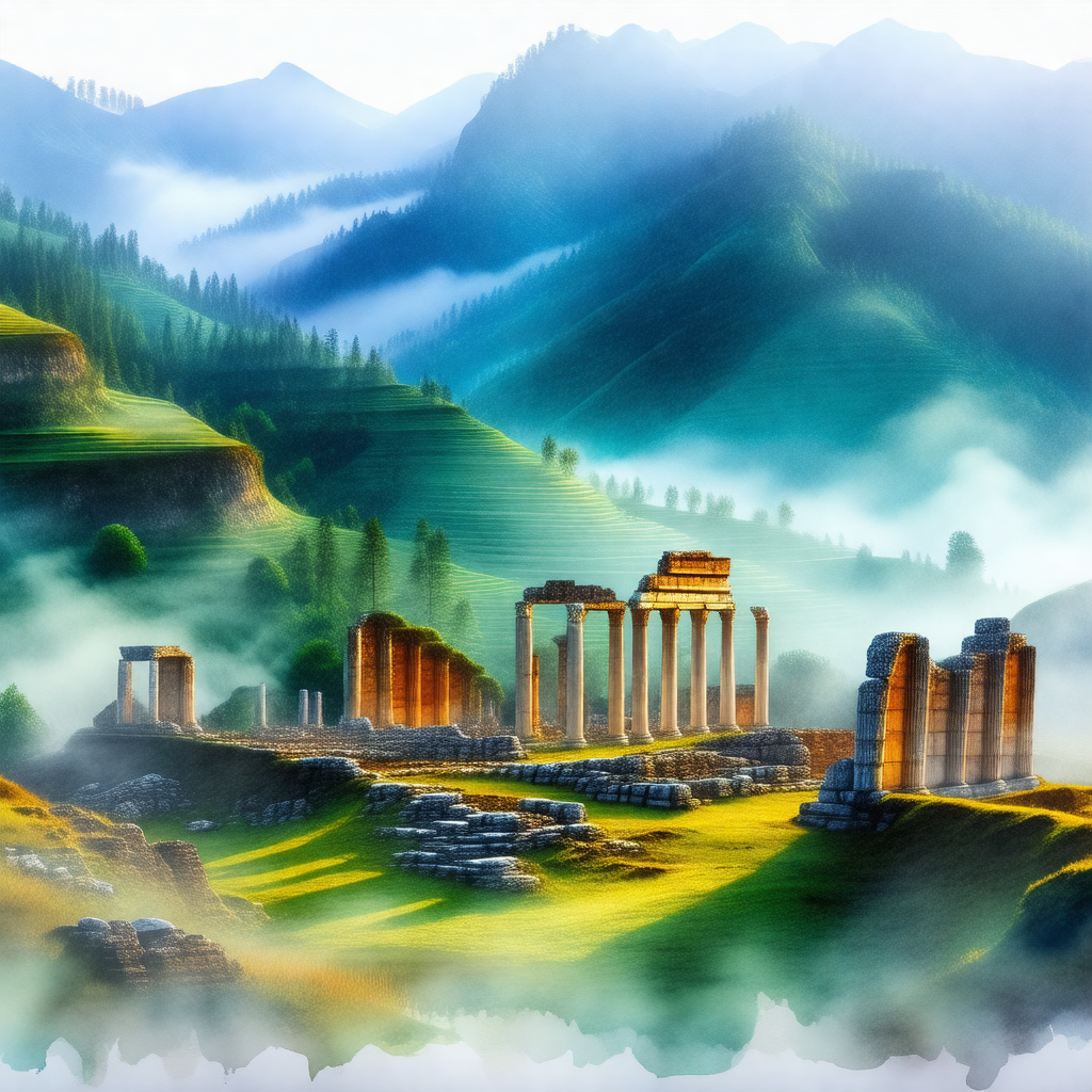 Painting of a mountainous landscape with a large, ancient...