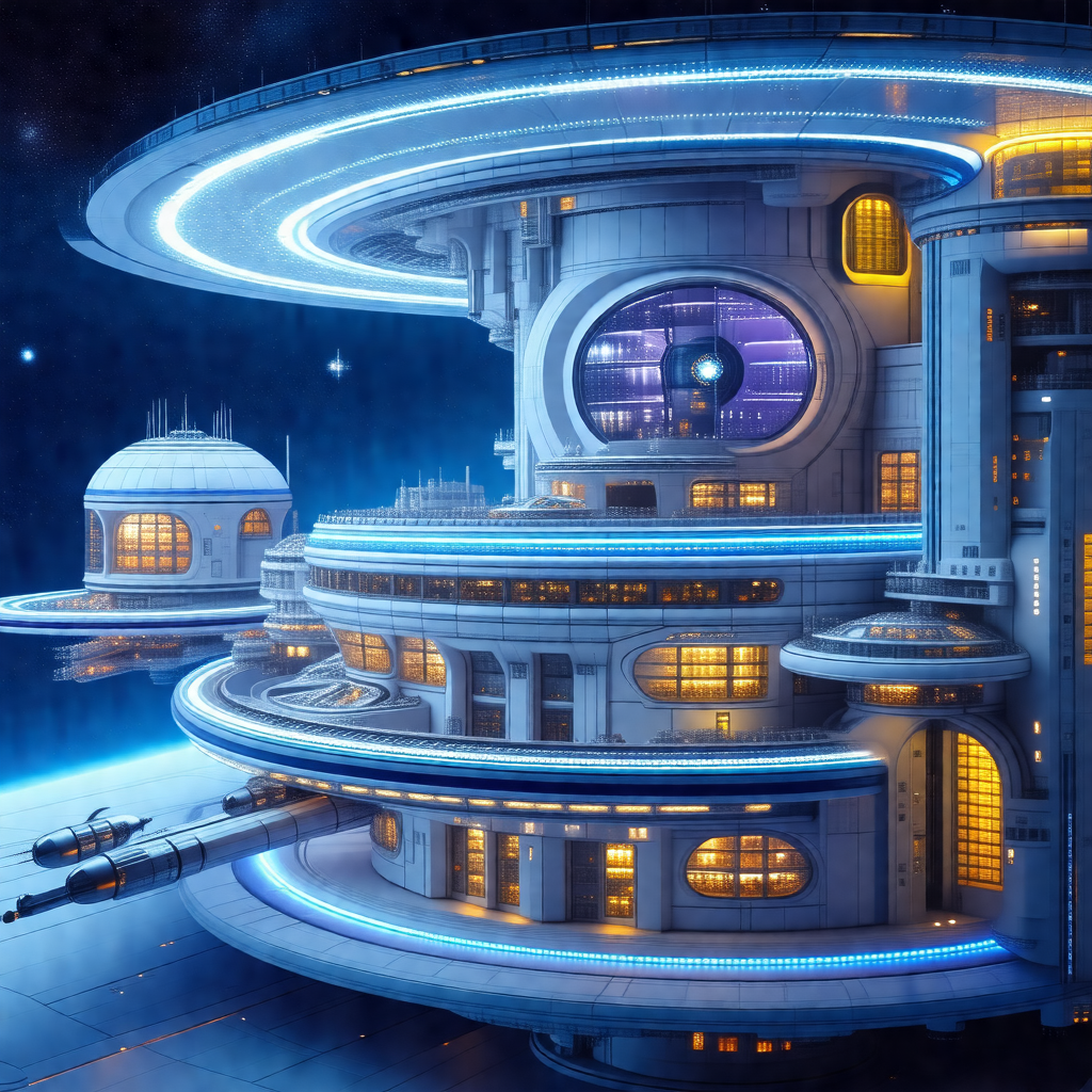 Futuristic drawing of a large, white, and blue building w...