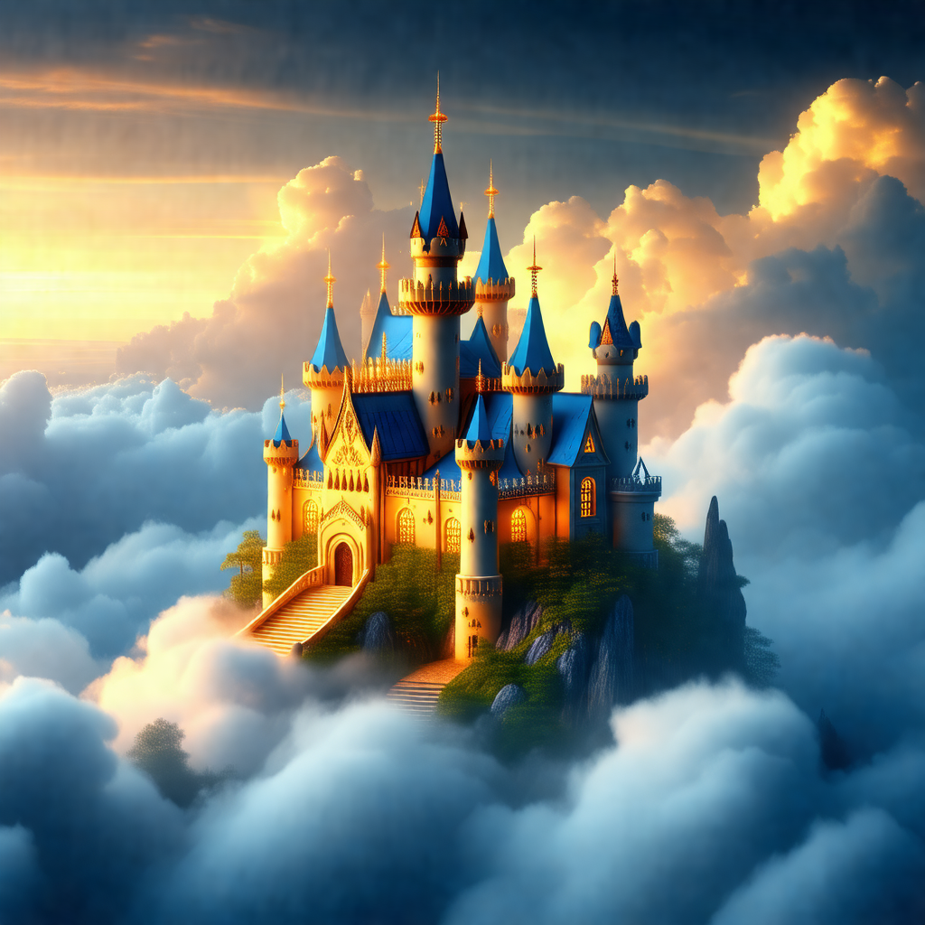 Beautifully drawn castle floating in the clouds