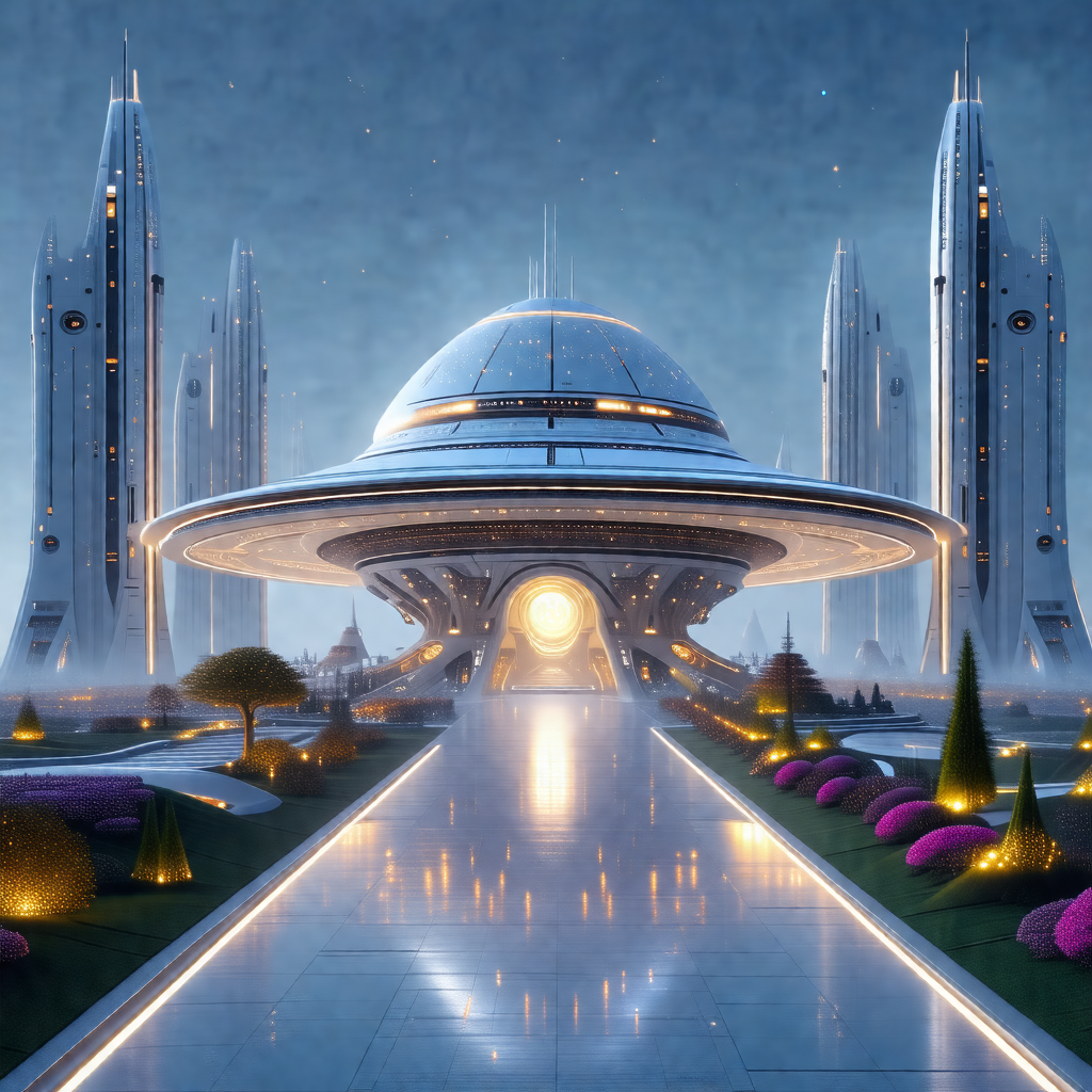 Futuristic scene featuring a large, circular building wit...