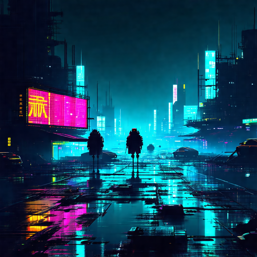 Futuristic cityscape at night, featuring a rain-soaked st...