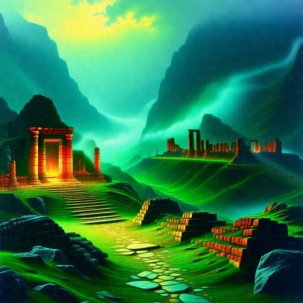Painting of a mountainous landscape with a large, ancient...