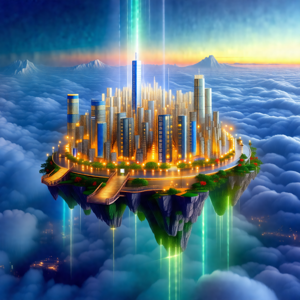 Digital painting of a futuristic city floating in the sky