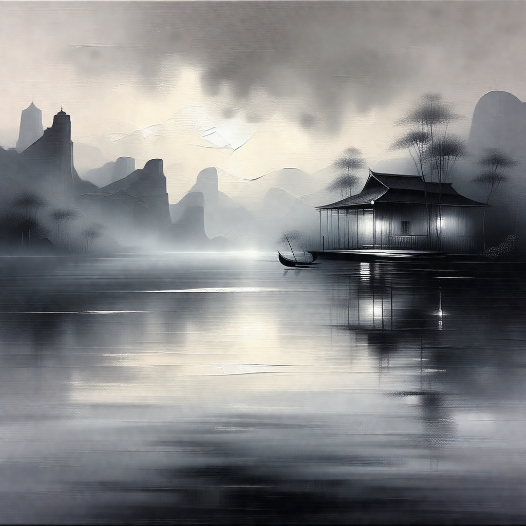 Serene scene of a small boat floating on a body of water,...