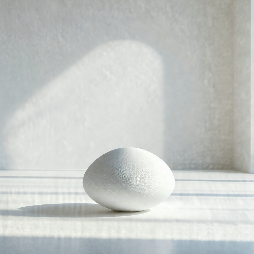 White egg sitting on a white surface, possibly a table or...