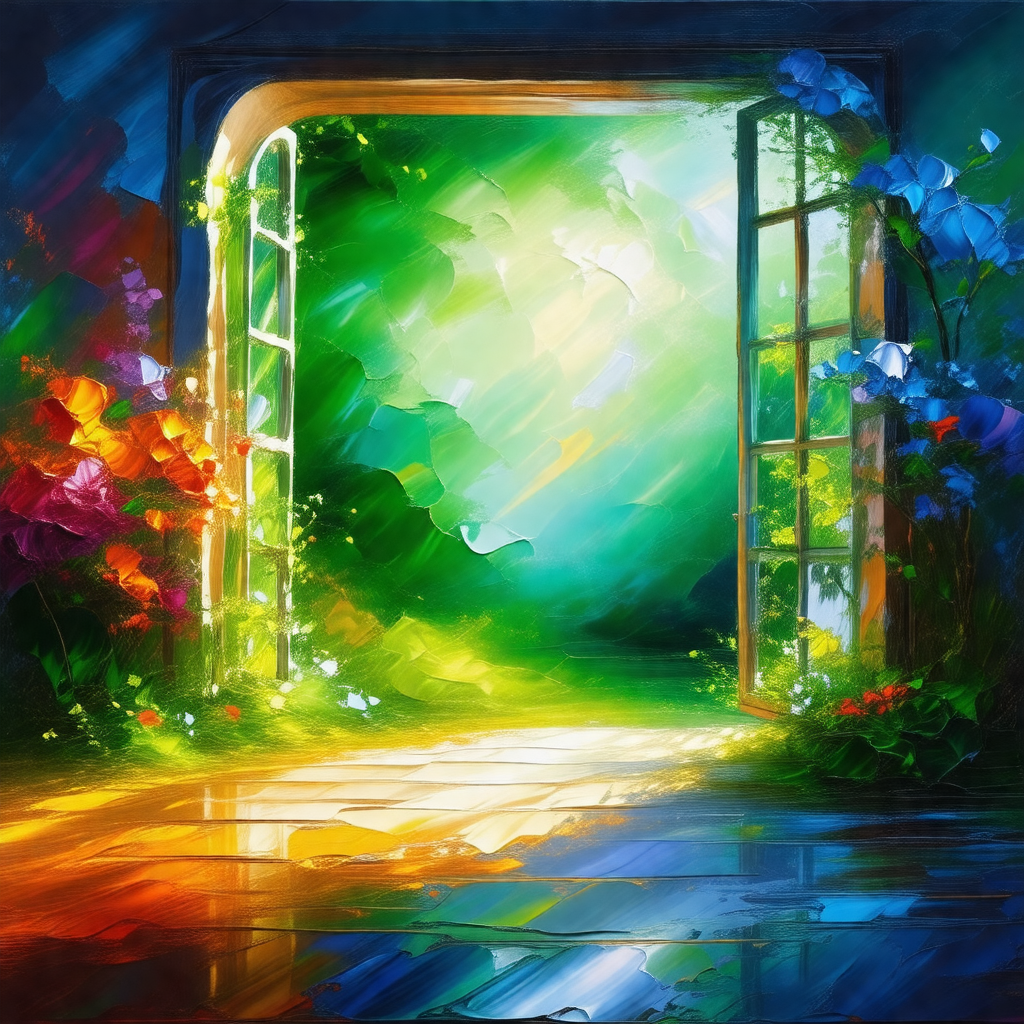 Painting of a doorway with a bright green background