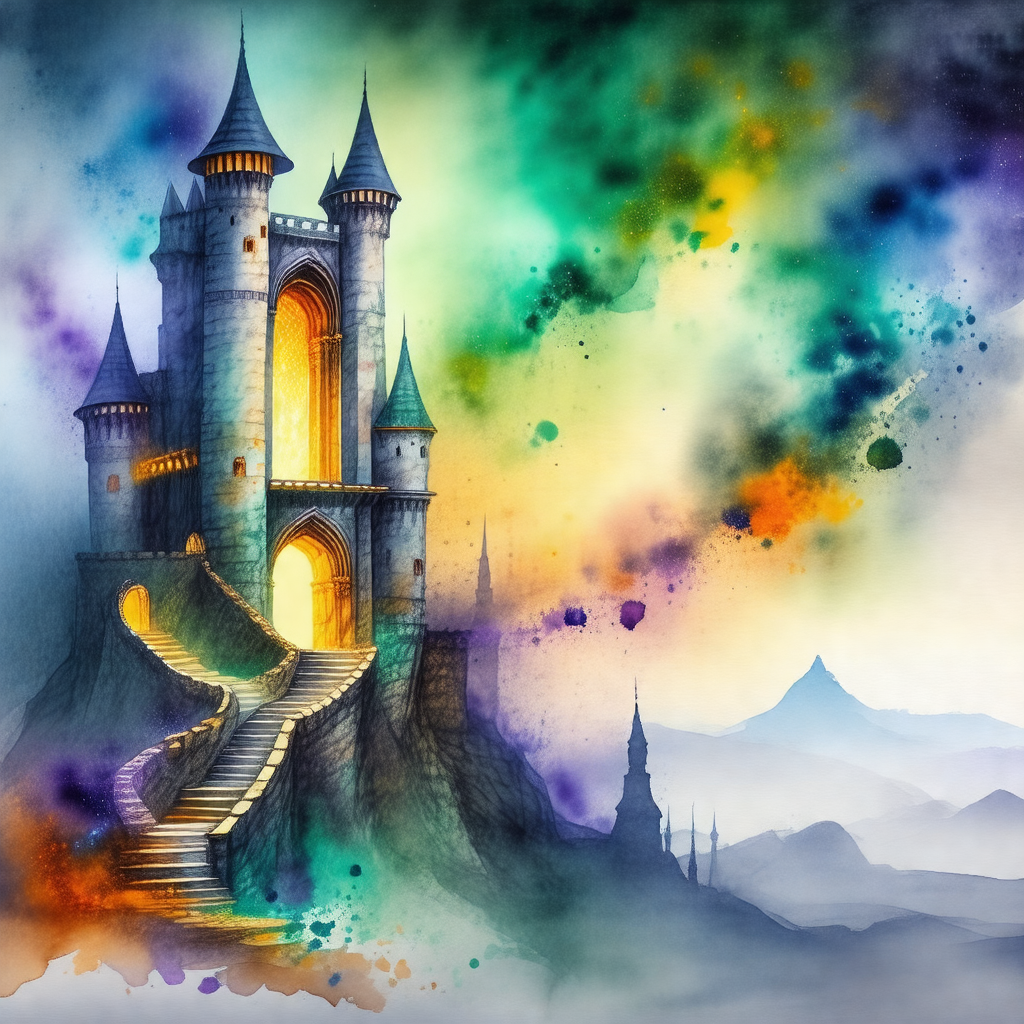 Large, colorful castle with a staircase leading up to its...