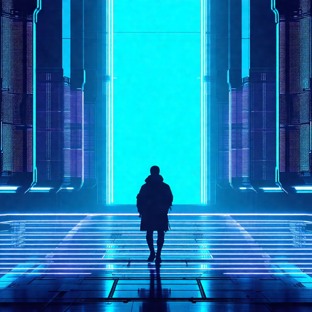 Futuristic scene featuring a man walking through a large,...