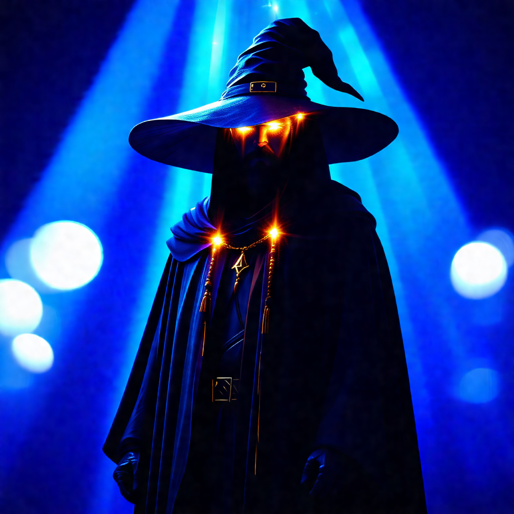 Man dressed in a wizard's costume, standing in a dark roo...