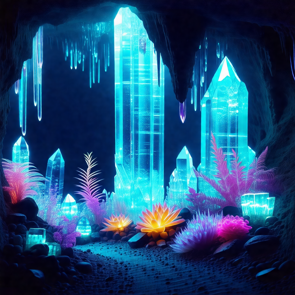 Digital painting of a cave with a blue light illuminating...
