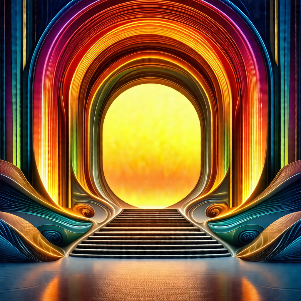 Large, colorful archway that leads to a staircase