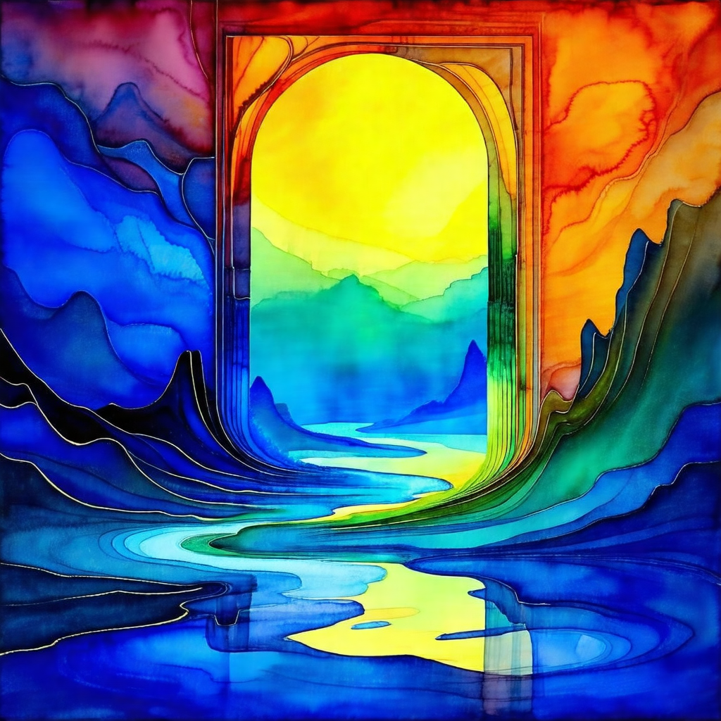 Large, colorful painting of a doorway that leads to a bea...