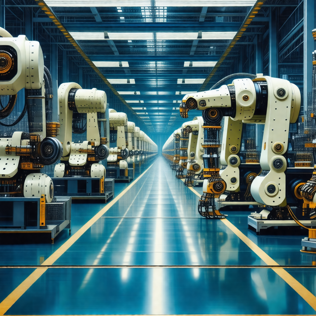 Factory with a long row of robots lined up on a blue floor