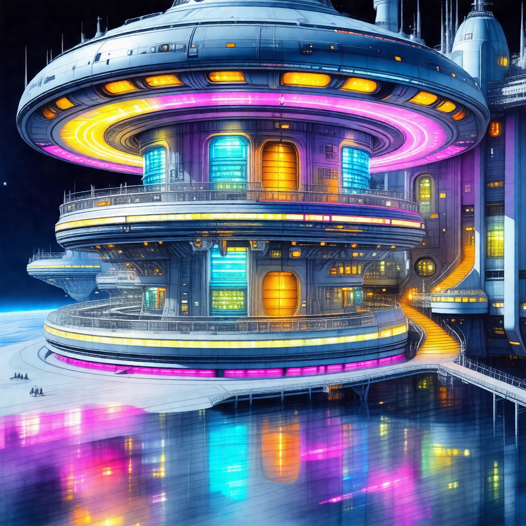 Futuristic space station with a large, colorful dome on top
