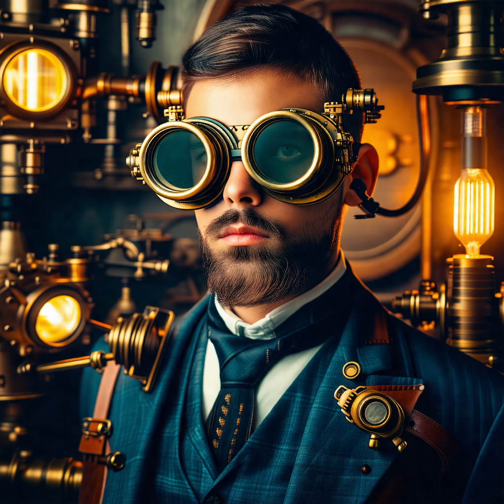 Man wearing a suit and tie, with a pair of goggles on his...
