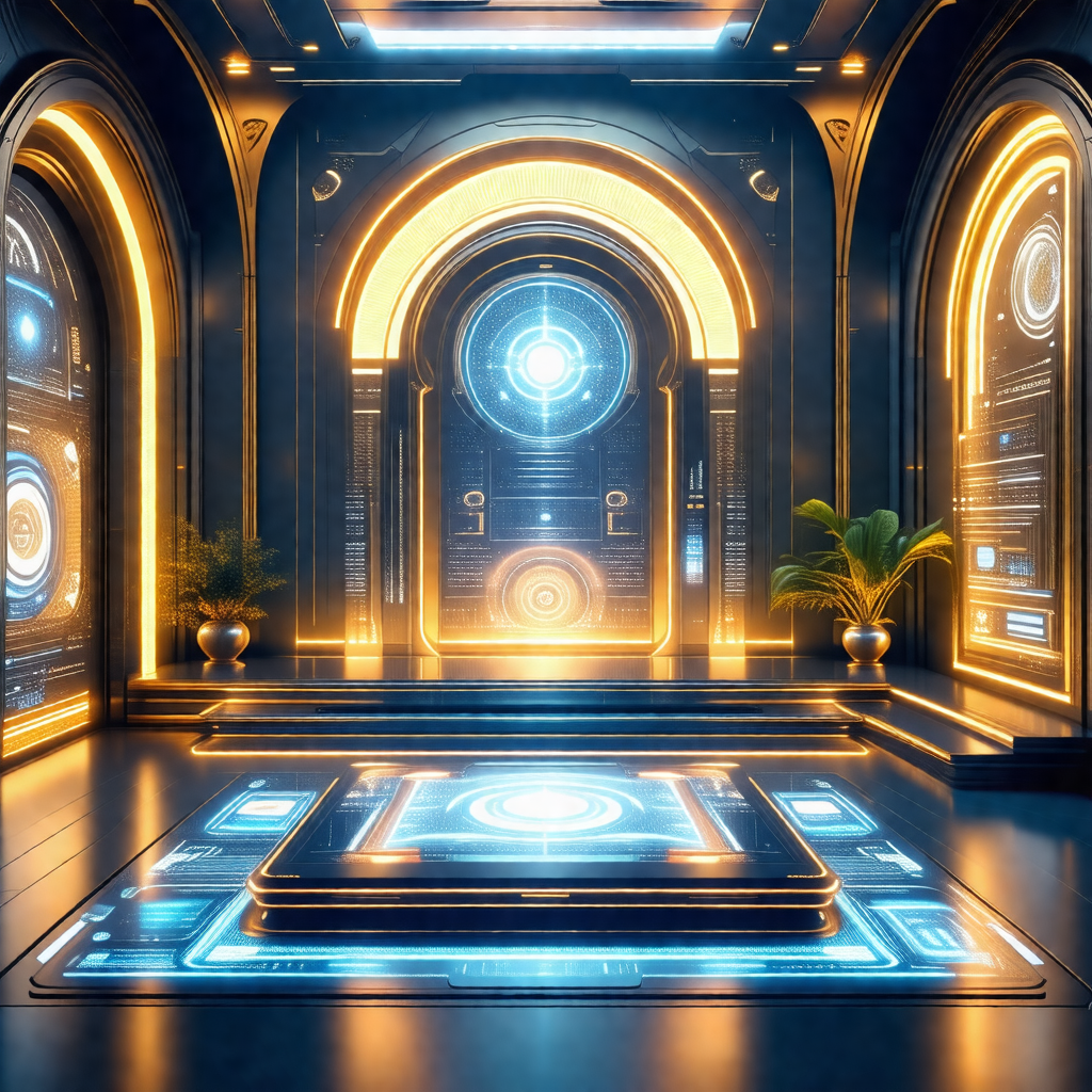 Futuristic scene with a large, open room featuring a circ...