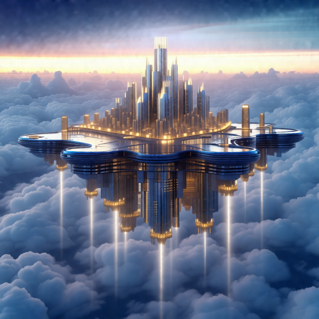 Futuristic city with a large, circular building at its ce...