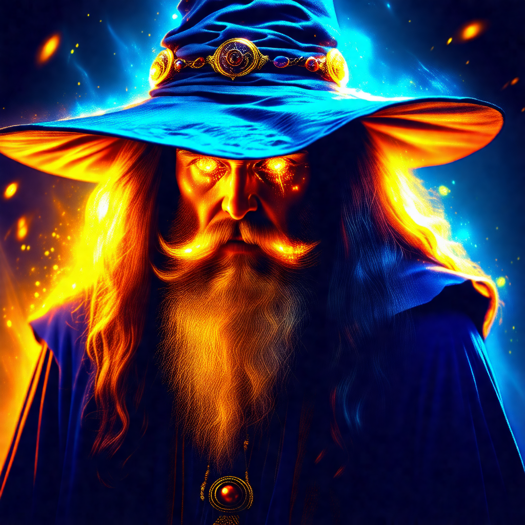 Wizard with a long beard and a blue hat, standing in fron...