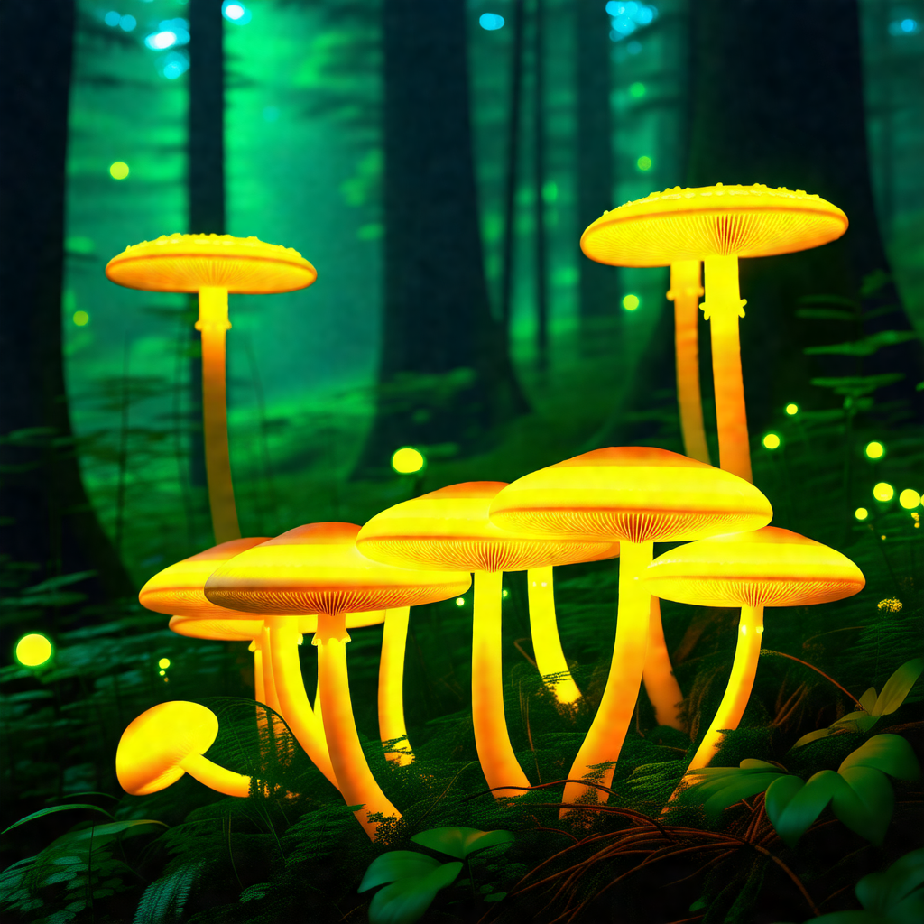 Forest with a group of four glowing mushrooms, each with ...