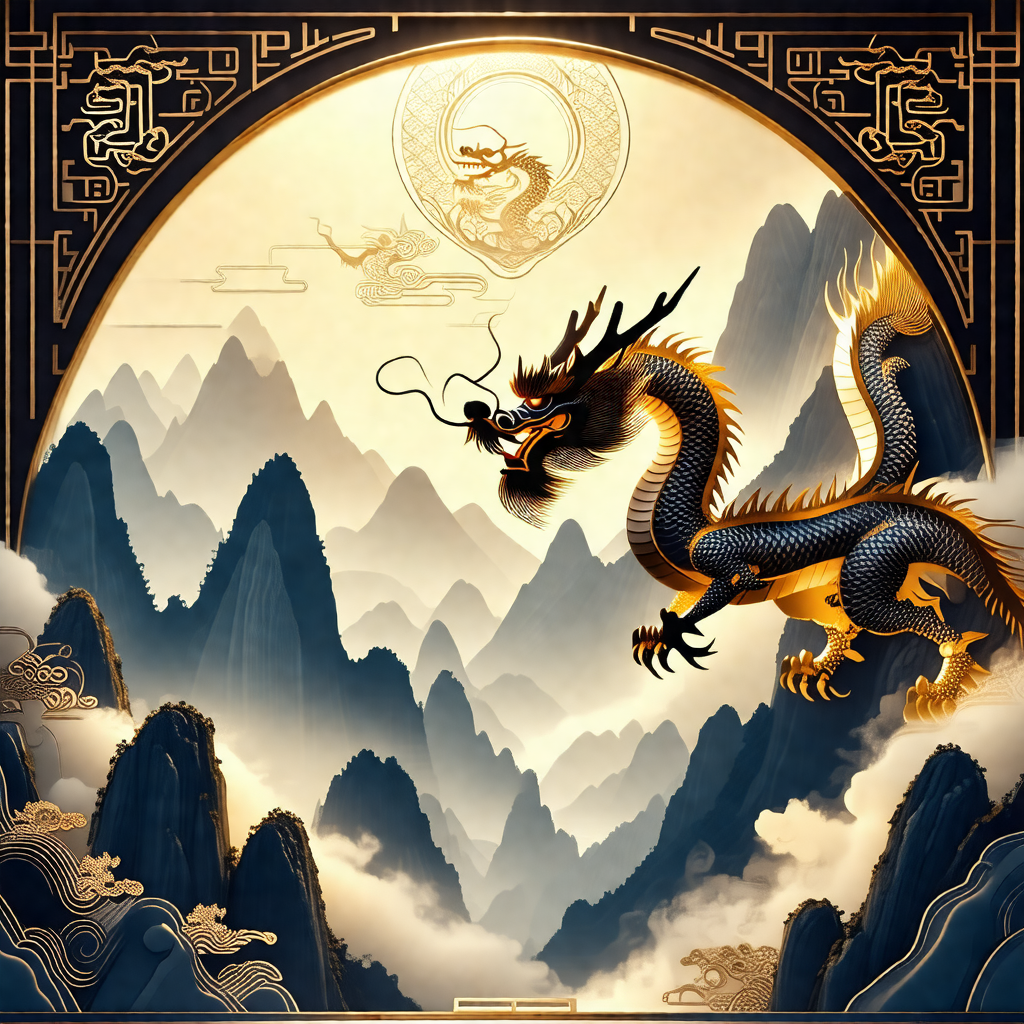 Dragon flying through the sky, with a mountain range in t...
