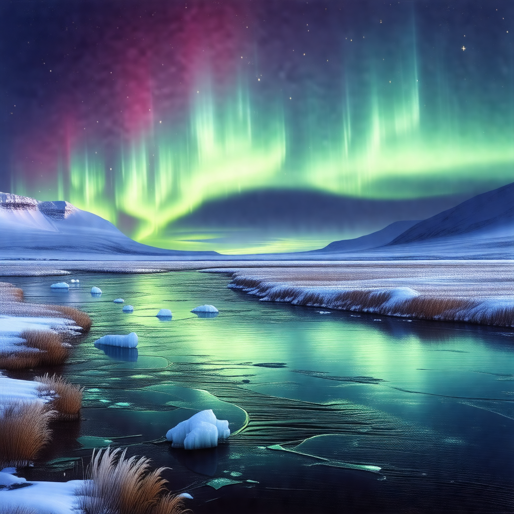 Beautiful scene of a frozen river with a mountain in the ...
