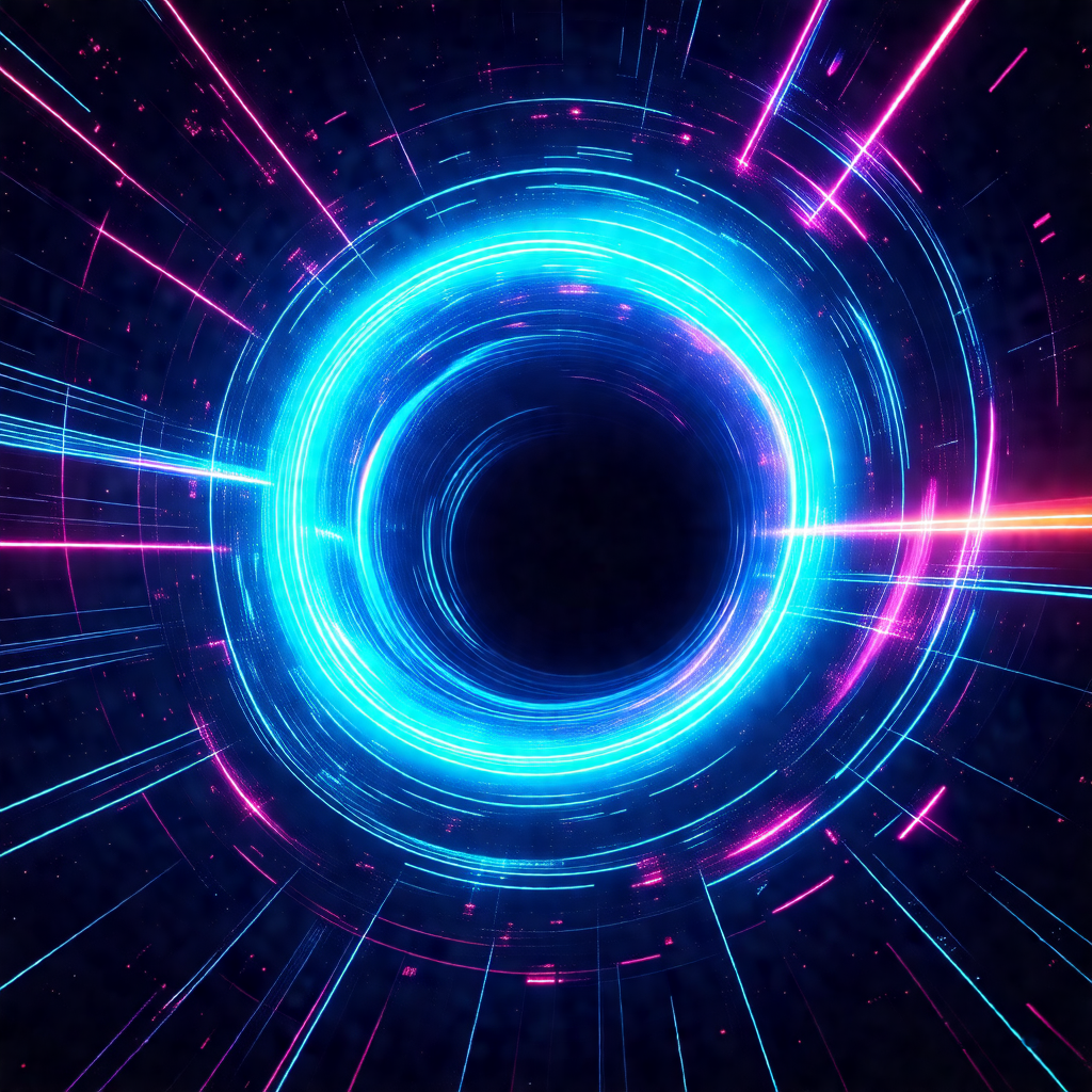 Large, bright blue circle with a black center