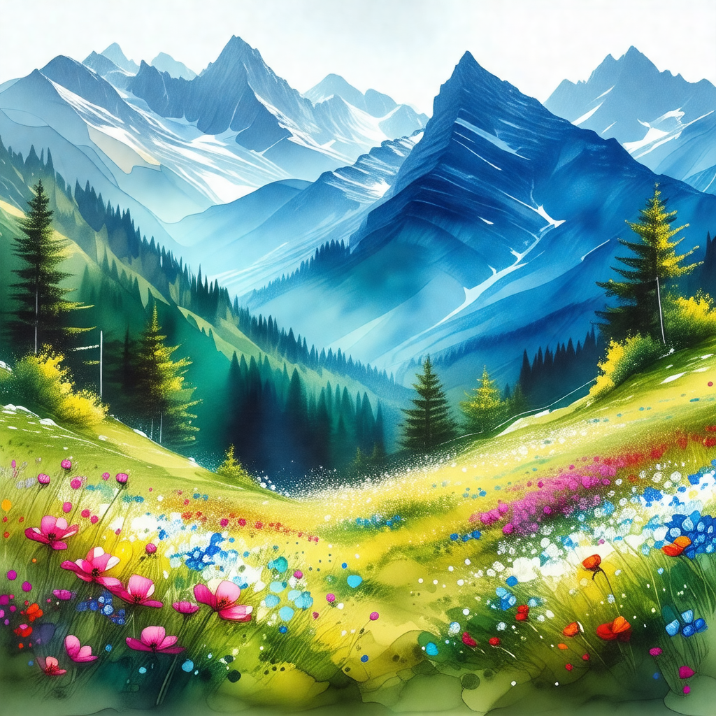 Beautiful mountain landscape with a lush green field and ...