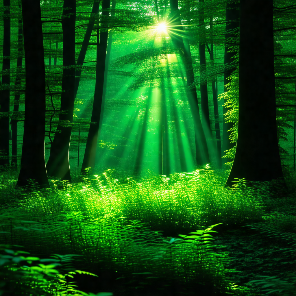 Lush green forest filled with trees and sunlight