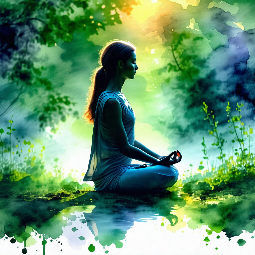 Woman sitting in a forest, surrounded by trees and greenery